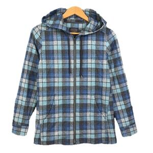 Pendleton 100% Virgin Wool Hooded Jacket Womens XS Blue Gray Plaid Zip Coat